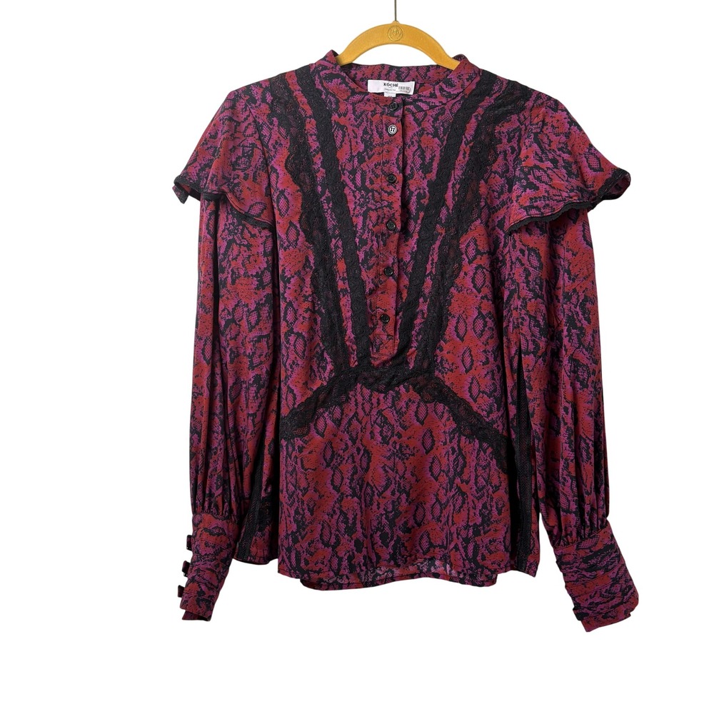 Koche Collective Blouse Womens 40 Pink Snakeskin Lace Ruffle Buckle Cuff Top